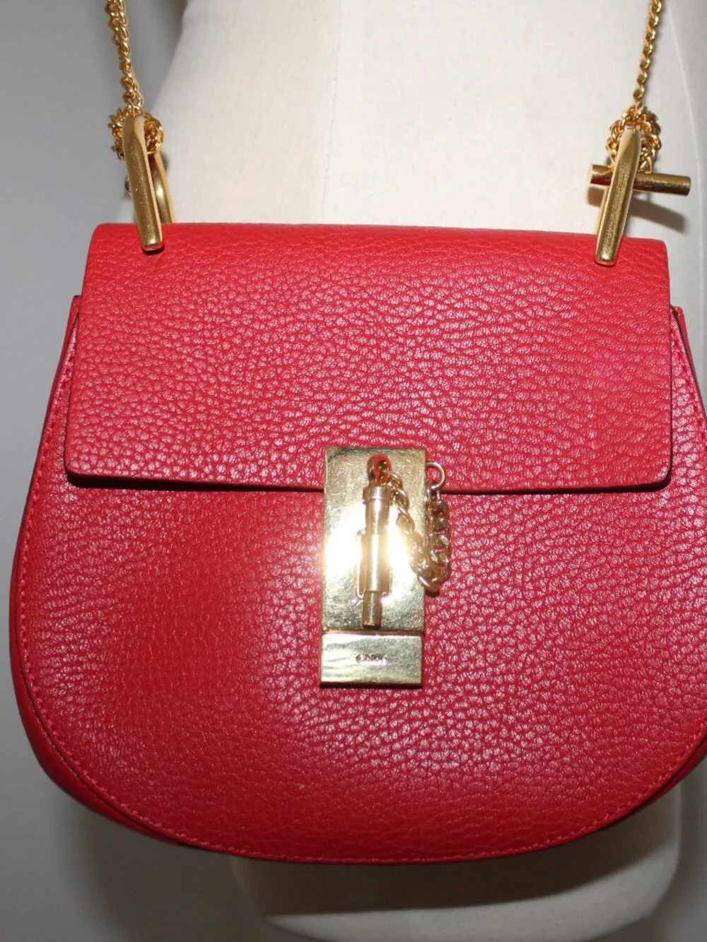 Chloe Chloé Drew Shoulder Bag Crossbody Red Leather Gold Hardware Chain Strap